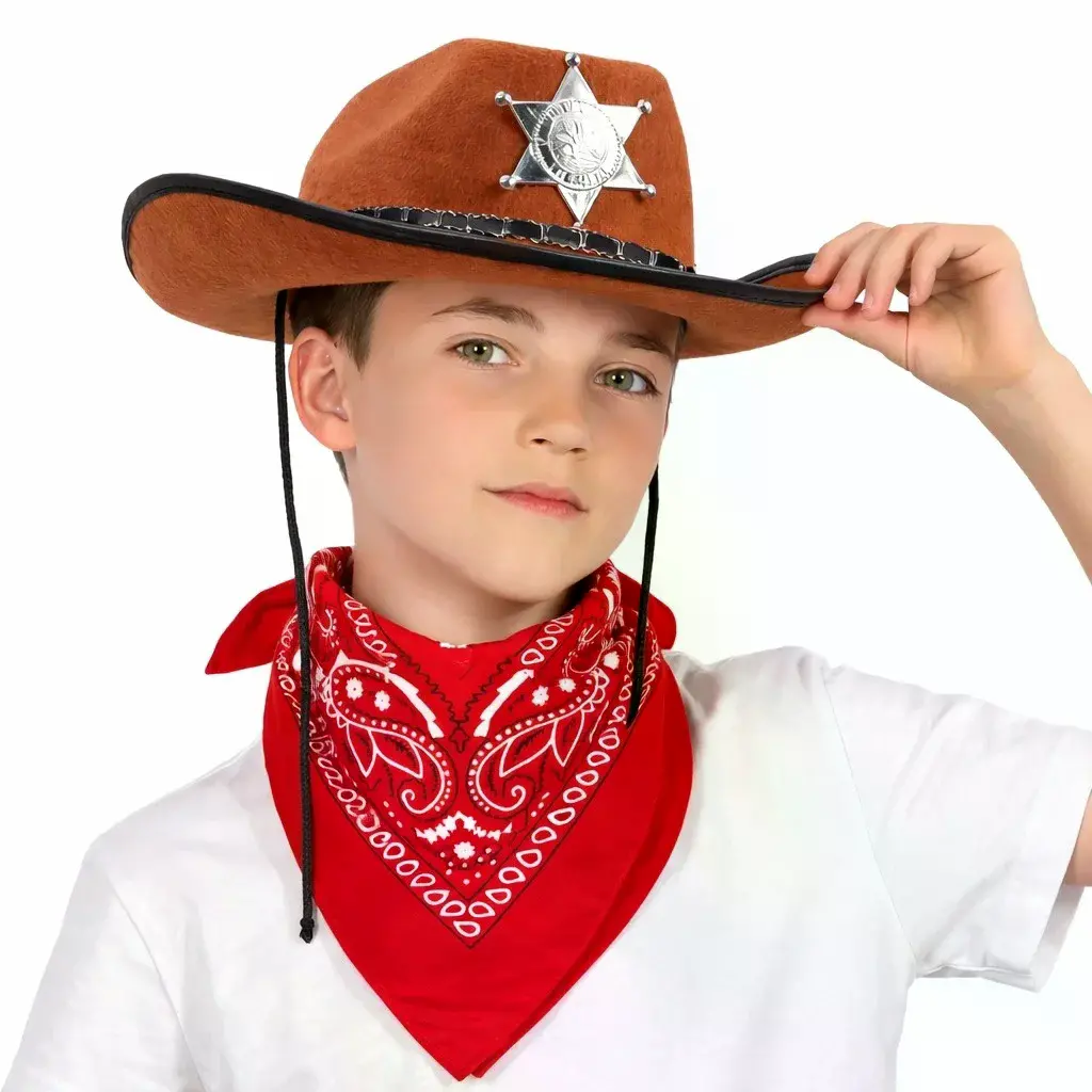 Çocuk Kovboy Şapka Rozetli Kahverengi Kırmızı Bandana Seti
