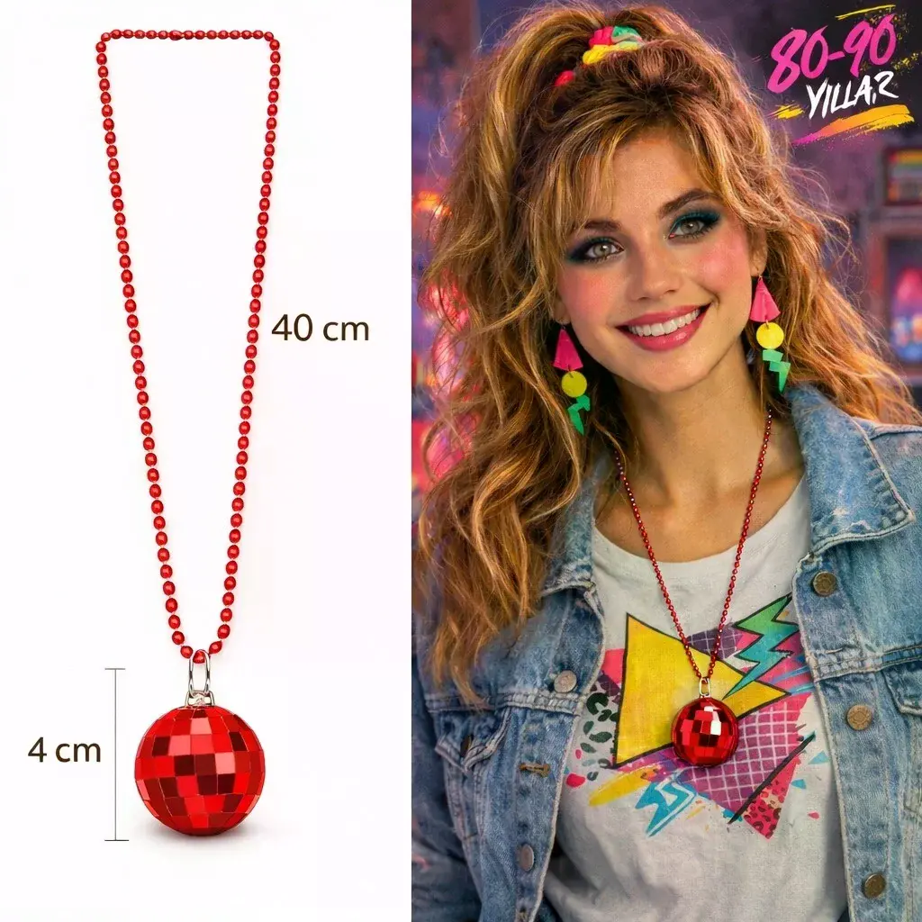 Retro Disko Topu Şekilli 8039ler 9039lar Kırmızı Renk Plastik Kolye