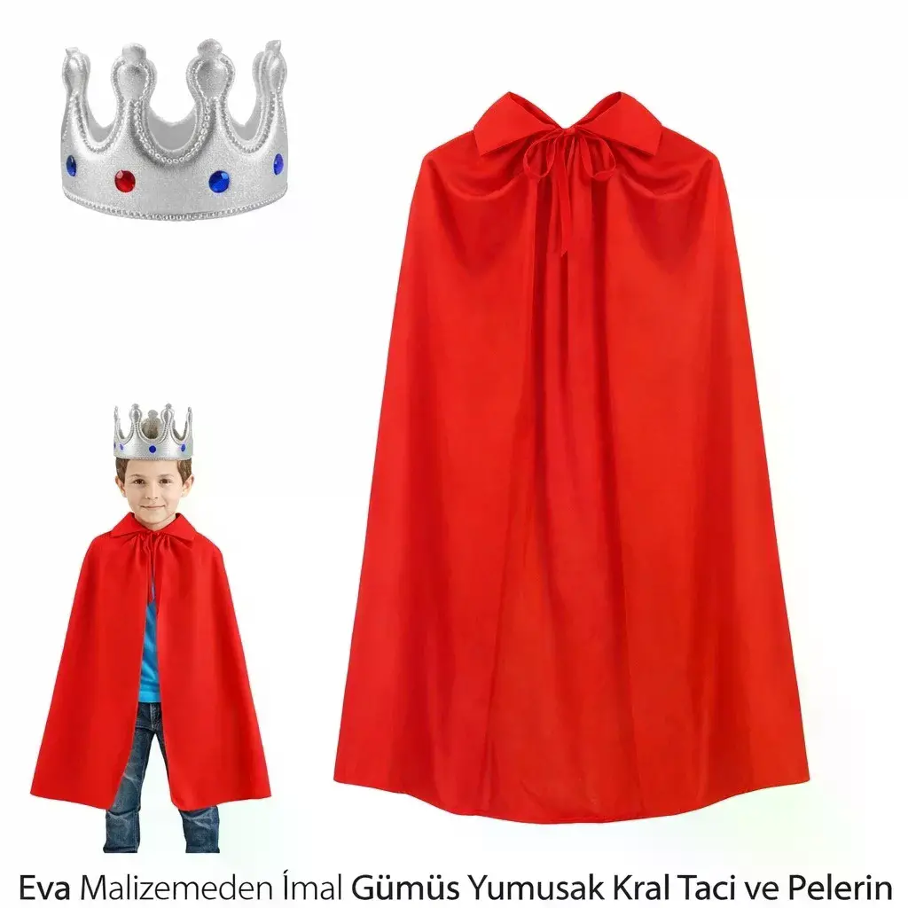 Eva Malzemeden Gümüş Yumuşak Kral Tacı Ve Kırmızı Pelerin Seti