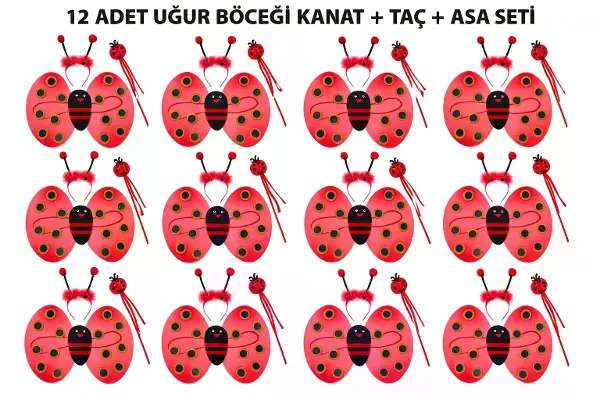 Uğur Böceği Kostüm Seti - Kanat Taç Asa 3 Parça 12 Adet