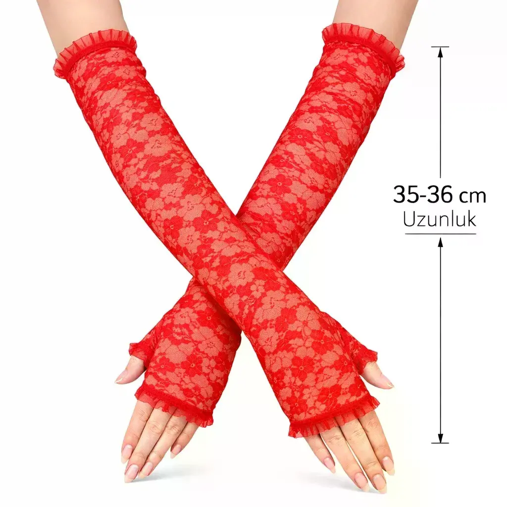 Uzun Zarif Dantel Eldiven Parmaksız Kırmızı 35 Cm
