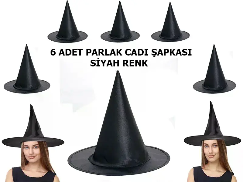 Siyah Renk Parlak Dralon Cadı Şapkası Yetişkin ve Çocuk Uyumlu 6 Adet