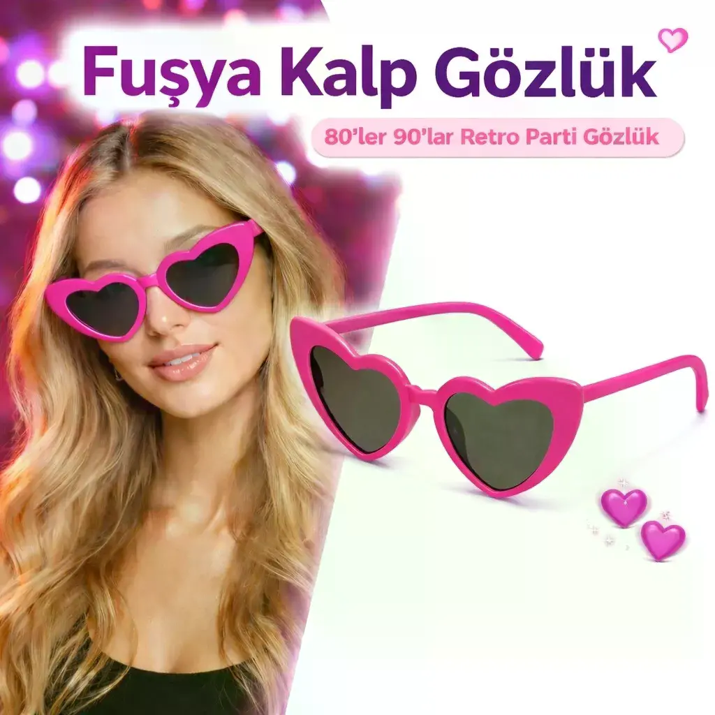 Fuşya Pembe Retro Kalp Gözlük – 80’ler 90’lar Stil Parti Gözlüğü