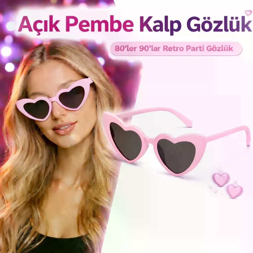 Pembe Retro Kalp Gözlük – 80’ler 90’lar Stil Parti Gözlüğü