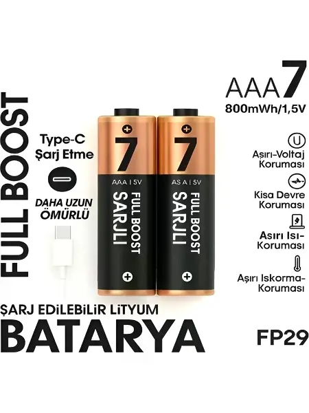 Type-c Şarjlı 800mwh 1.5v Şarj Edilebilir 2’li Aaa İnce Pil - Lityum Iyon Batarya