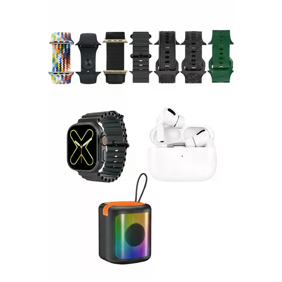 K28 Kombo 7 Adet Kordon Akıllı Saat Airpods Kulaklık Kablosuz Hoparlör Set - Siyah