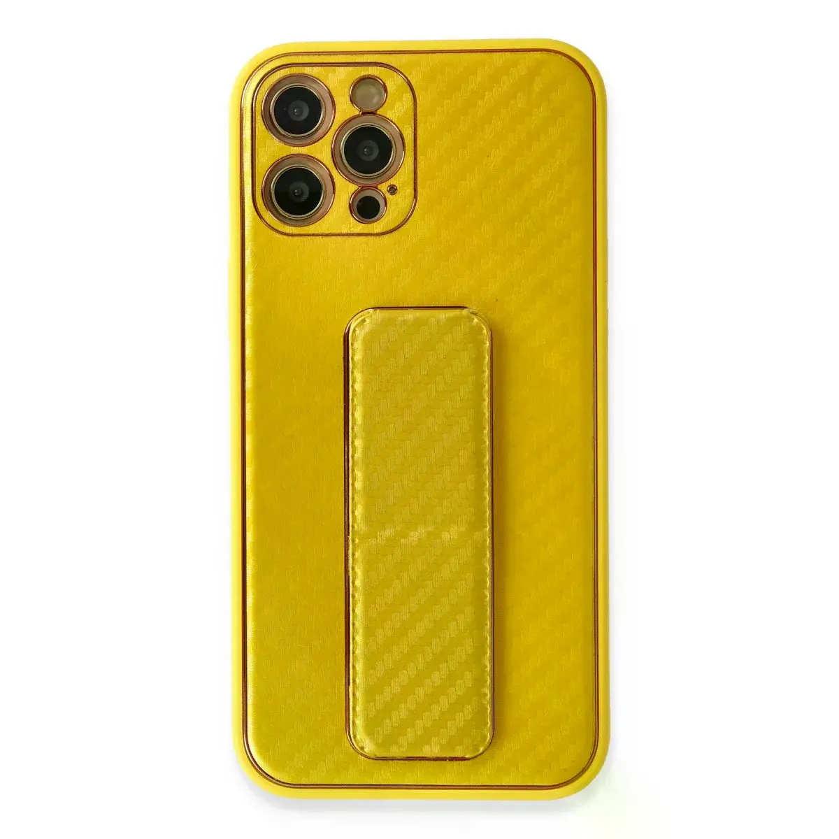 İphone 12 Pro Max Kılıf Coco Karbon Standlı Kapak - Sarı