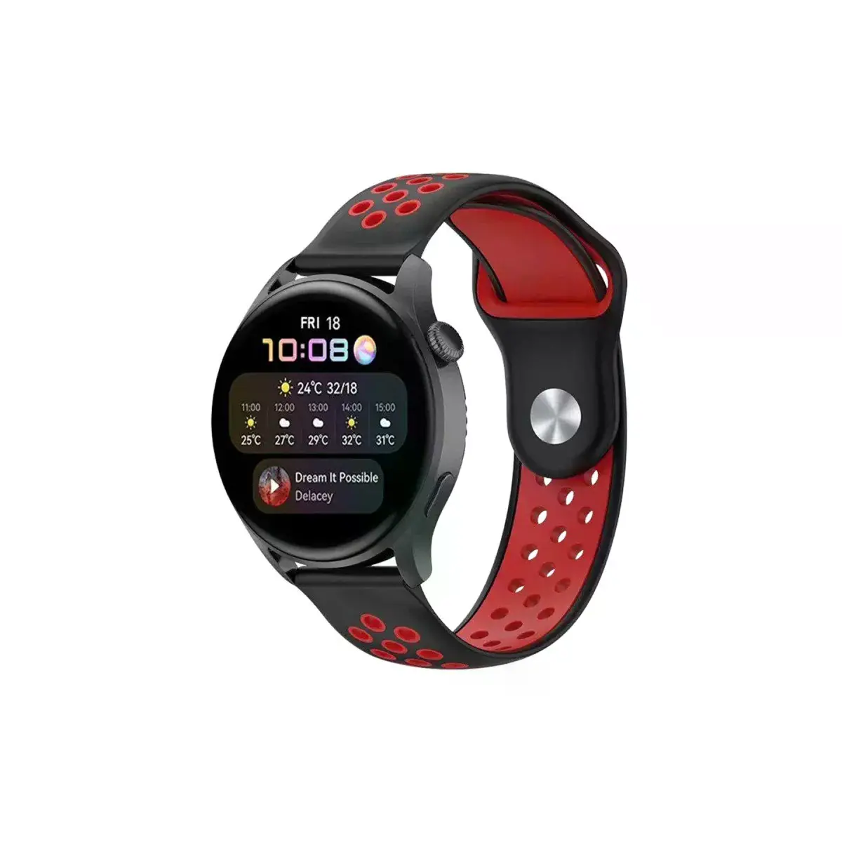 Watch 22mm Spor Delikli Kordon - Siyah-kırmızı