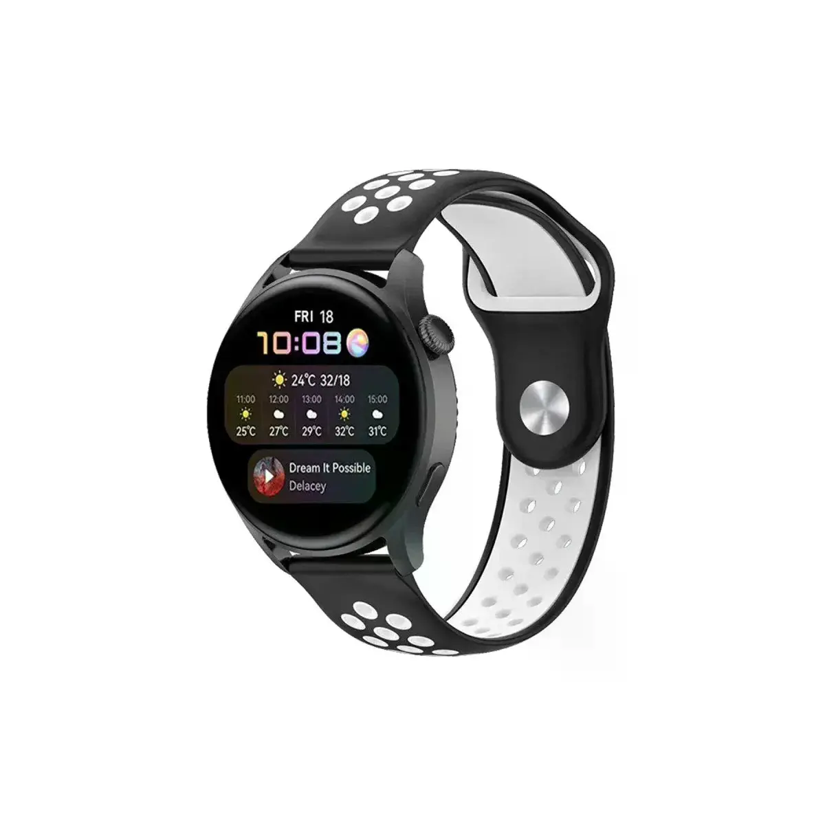 Watch 22mm Spor Delikli Kordon - Siyah-beyaz