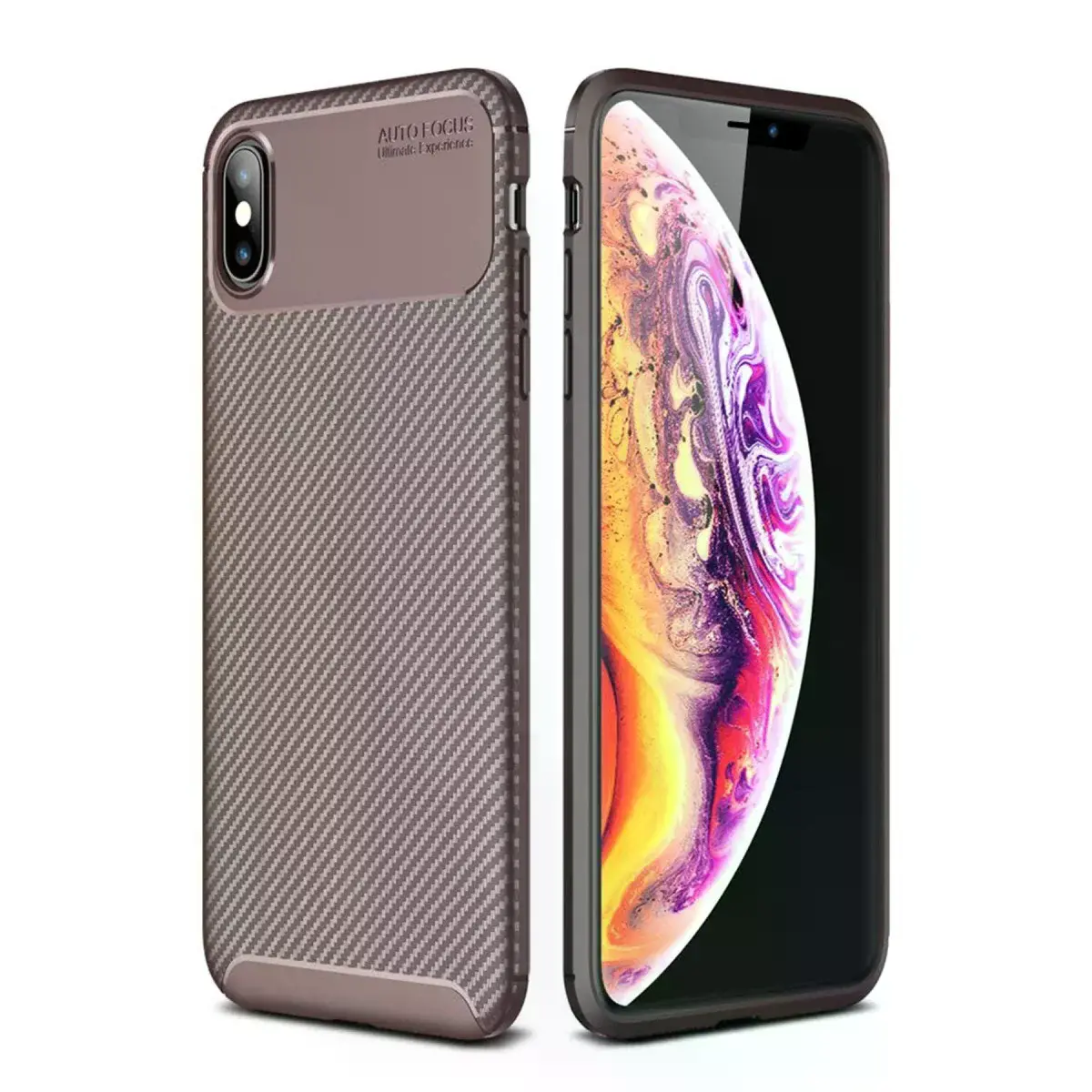 İphone Xs Max Kılıf Auto Focus Karbon Kapak - Kahverengi