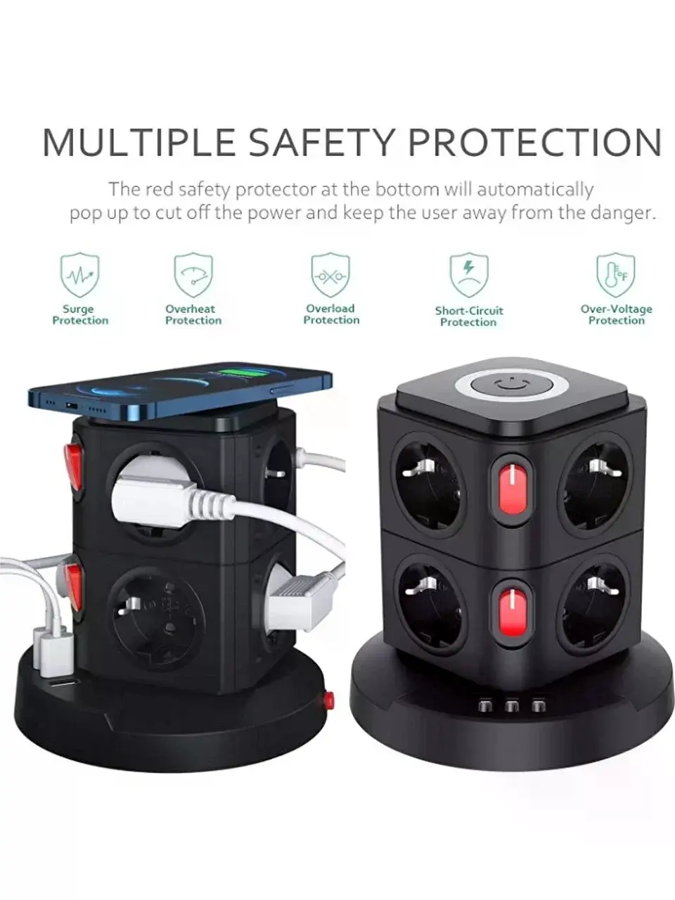 Termal Akım Korumalı Isıya Dayanıklı 3 Usb 8 Priz Ve Wireless Kablosuz Şarj 2.4 Amper Kablolu Priz