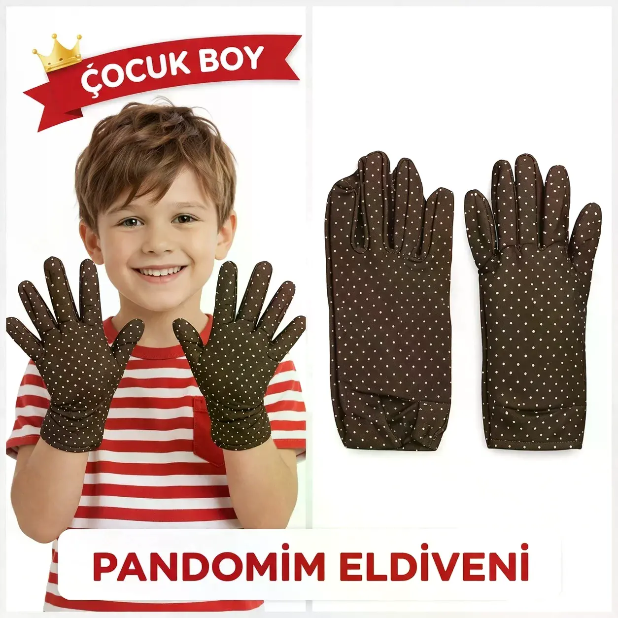 Çocuk Boy Pandomim Eldiveni Beyaz Puantiyeli Kahve Renk Gösteri Eldiveni 23 Nisan 19 Mayıs
