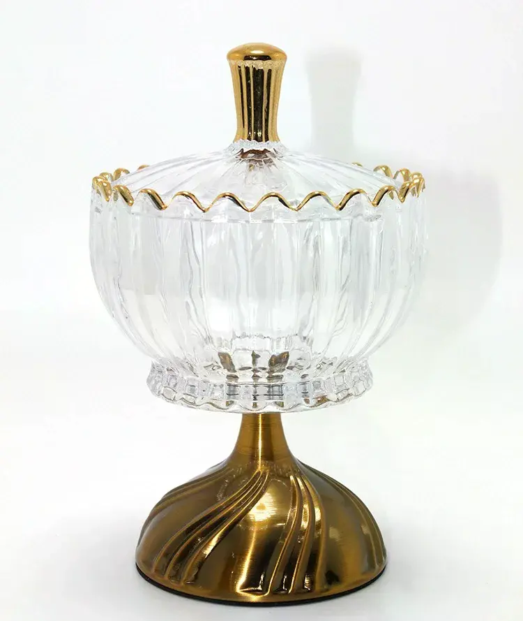 Metal Ayaklı Kristal Cam Şekerlik Gold Detaylı Sunumluk Alk4871