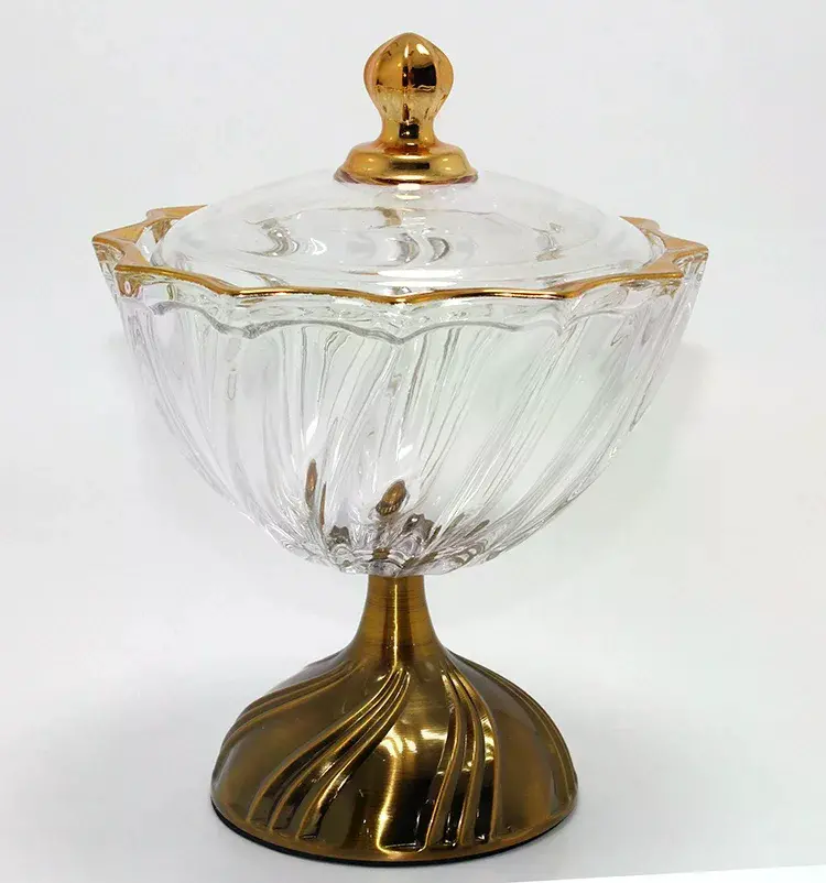 Metal Ayaklı Kristal Cam Şekerlik Gold Detaylı Sunumluk Alk4872
