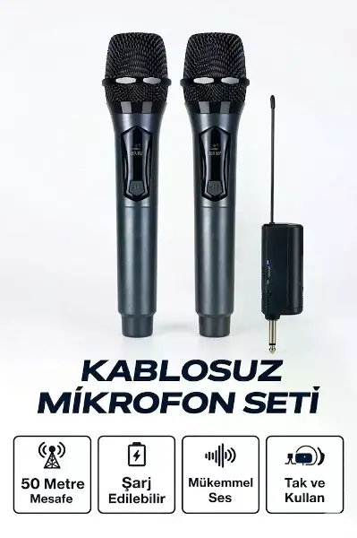 Profesyonel Çiftli Kablosuz Mikrofon Seti Karaoke Şarj Edilebilir 50 Metre