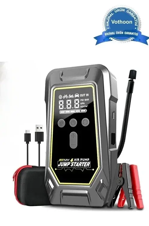 Tank Model Şarjlı 12.000 Mah Taşınabilir Çanta Araç Akü Takviye Cihazı Işıklı Hava Kompresörü