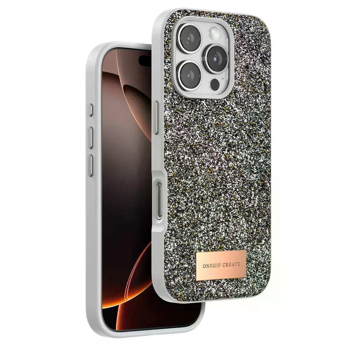Onegif  İphone 16 Pro Max Bright Simli Kapak - Gümüş