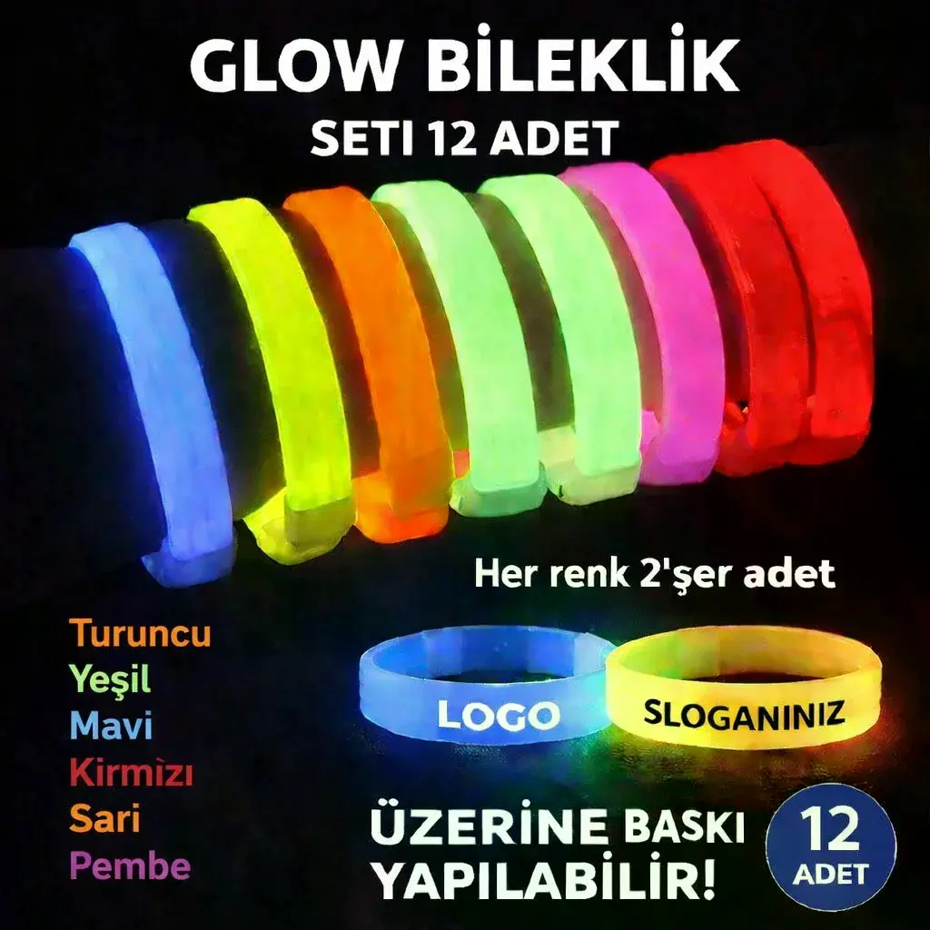 Glow Kalın Bileklik 12’li Set | Baskıya Uygun Renkli Model