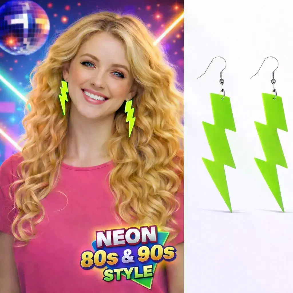 80’ler 9039lar Retro Neon Yeşil Şimşek Küpe 10 Cm