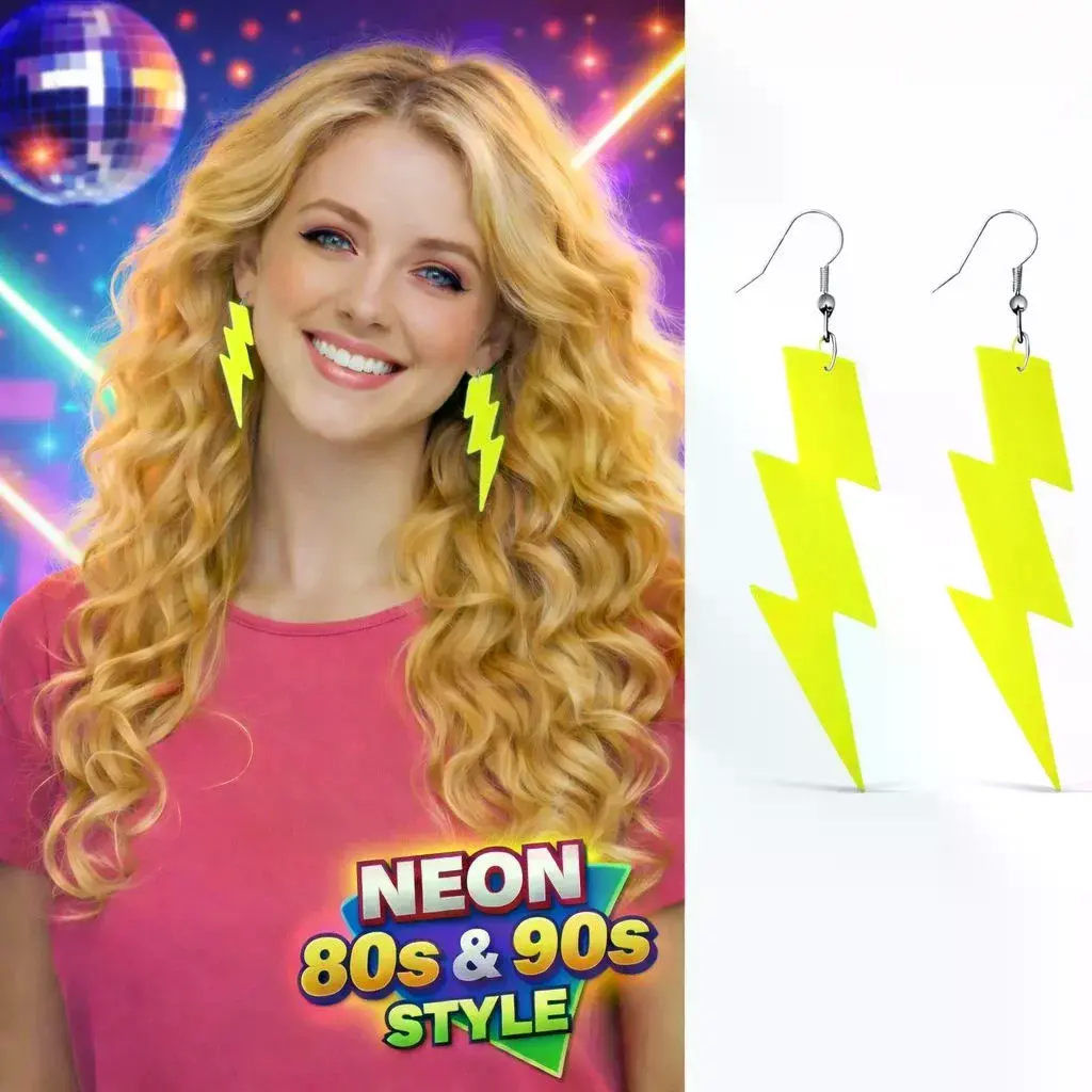 80’ler 9039lar Retro Neon Sarı Şimşek Küpe 10 Cm