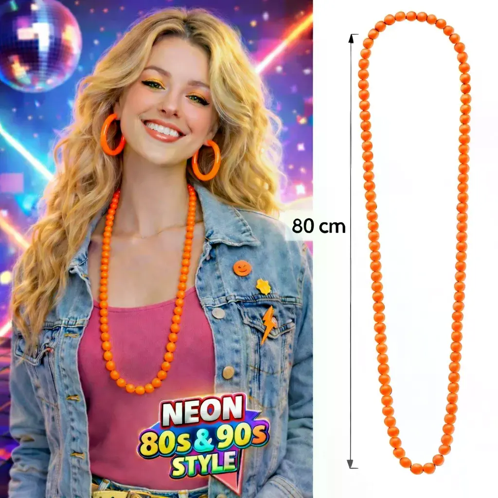 Neon Turuncu Boncuk Kolye 80 Cm – Retro 80’ler 90’lar Parti Aksesuarı