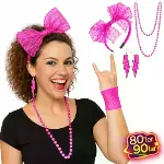 80’ler 90’lar Neon Pembe Parti Seti – Kolye Küpe Taç-2