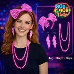 80’ler 90’lar Neon Pembe Parti Seti – Kolye Küpe Taç-1