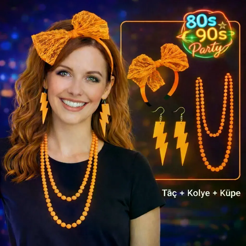 80’ler 90’lar Neon Turuncu Parti Seti – Kolye Küpe Taç