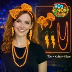 80’ler 90’lar Neon Turuncu Parti Seti – Kolye Küpe Taç-1