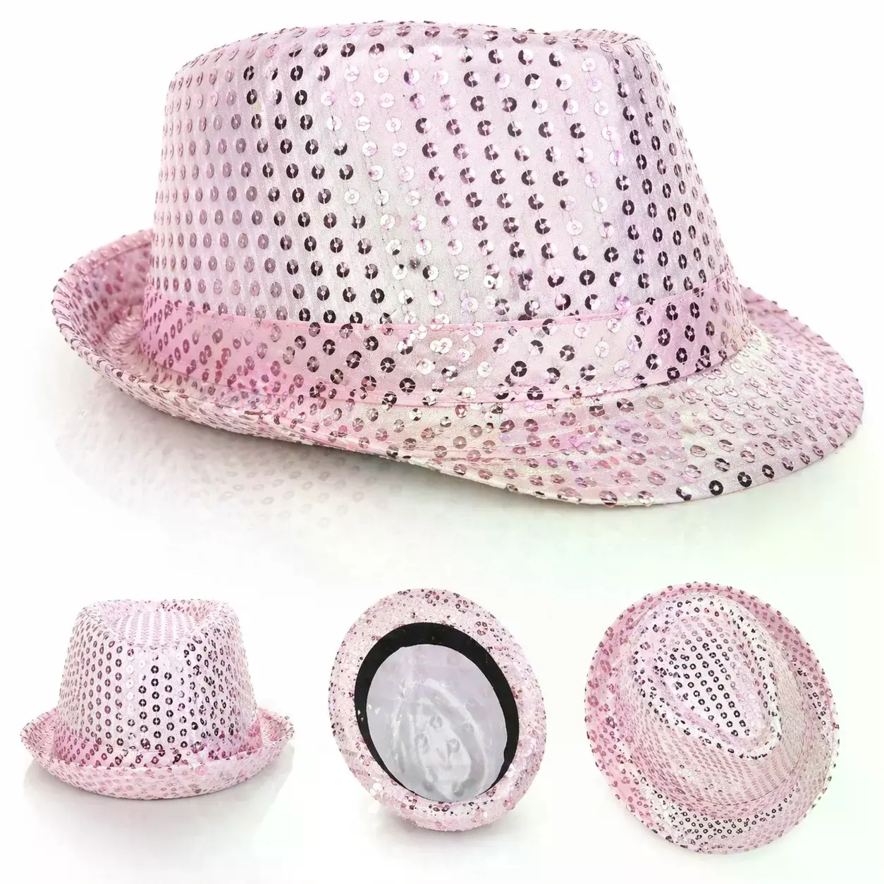 Pembe Payetli Disco Parti Şapkası Yetişkin Işıltılı Fötr Model