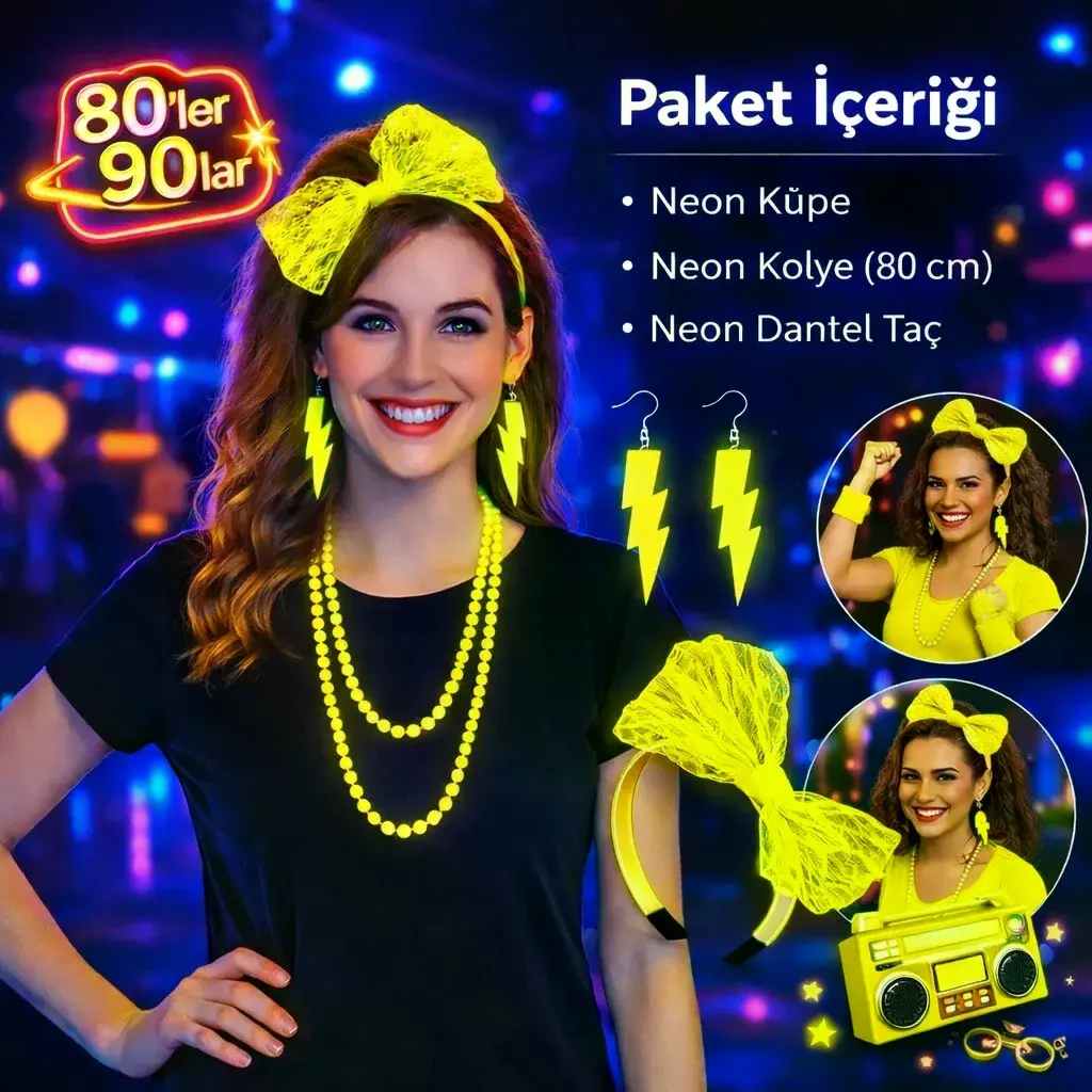 80’ler 90’lar Neon Sarı Parti Seti – Kolye Küpe Taç