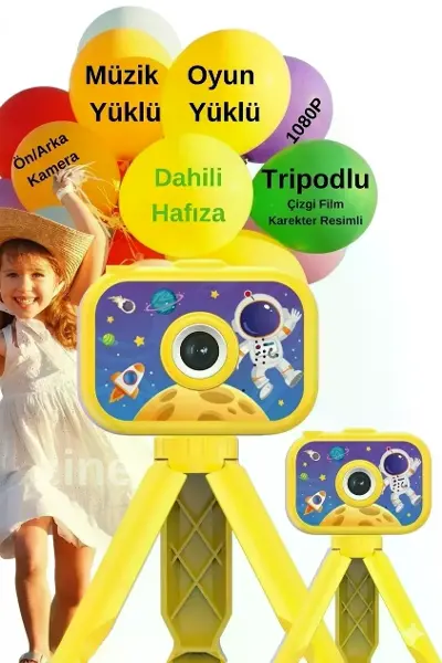 Dijital Fotoğraf Makinesi Çocuk Mini 1080p Hd Kamera Selfie Tripotlu Ön Arka Kamera