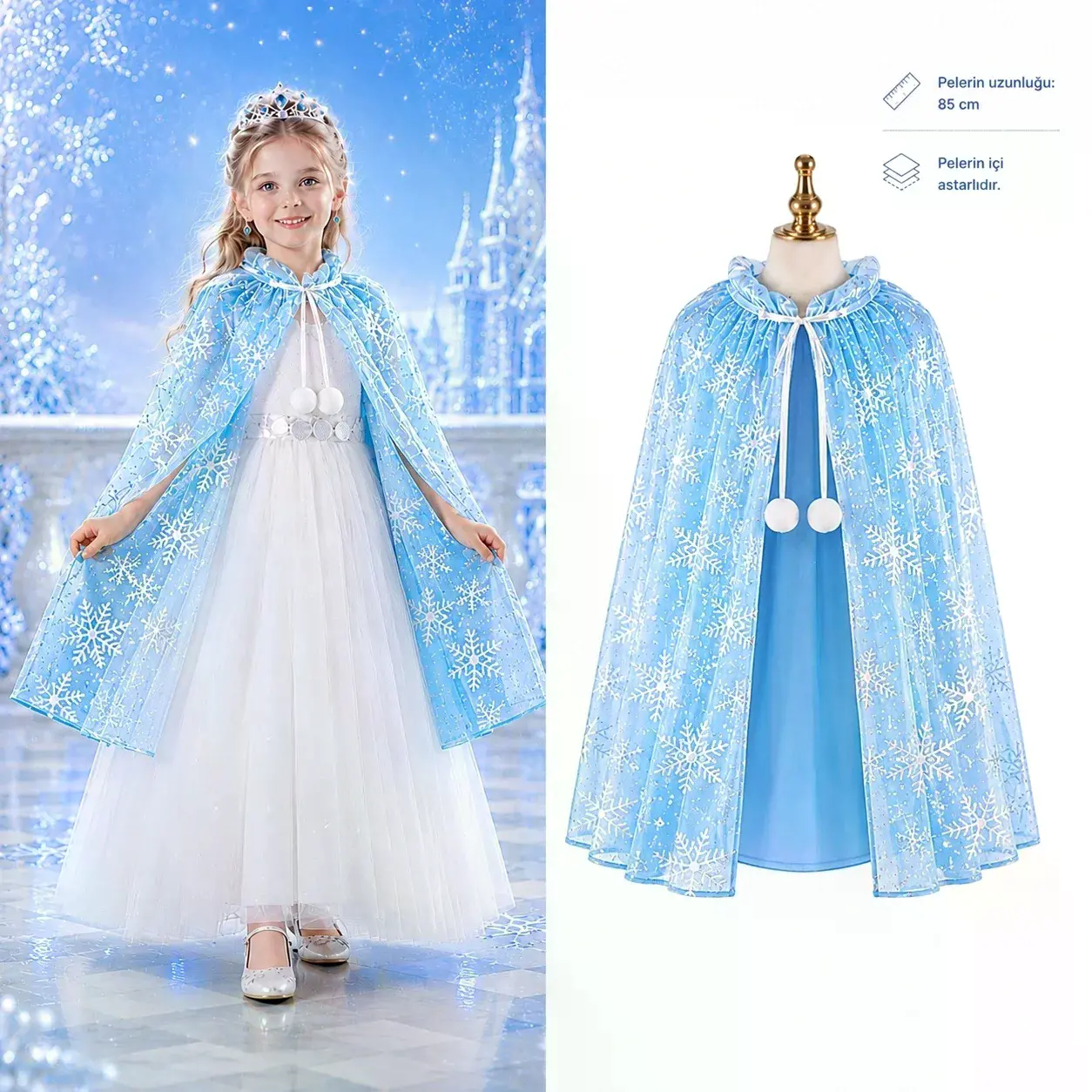 Kar Tanesi Desenli Mavi Elsa Pelerini - Astarlı Frozen Pelerini 85 Cm