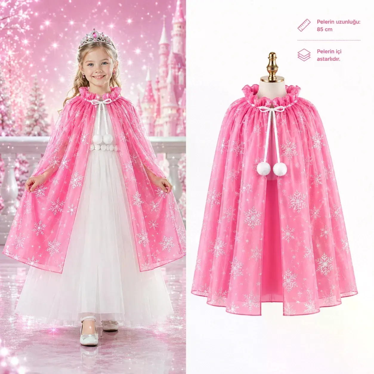 Kar Tanesi Desenli Pembe Elsa Pelerini - Astarlı Frozen Pelerini 85 Cm