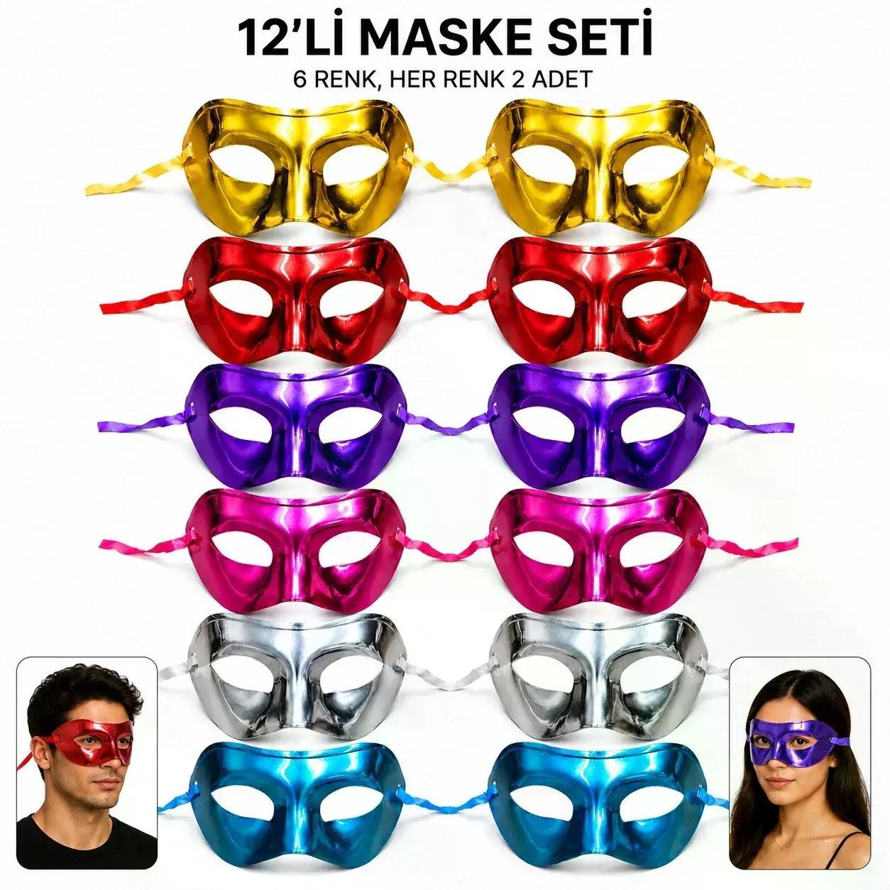 12'li Metalik Venedik Toptan Parti Maskesi Seti – 6 Renk Karışık