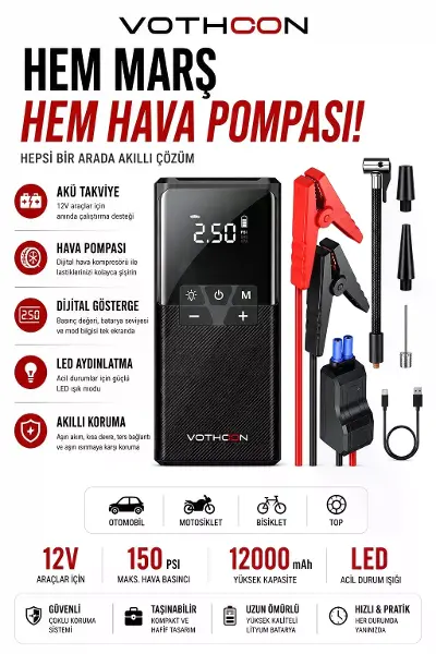 12000 Mah Akıllı Akü Takviye Ve Dijital Hava Pompası Akım Korumalı