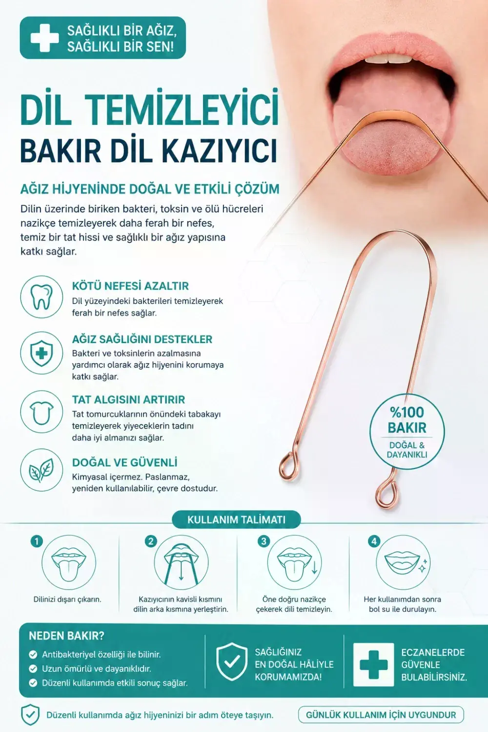 Bakır Dil Temizleme Aparatı – Dil Temizleyici – Ağız Bakım Aparatı – Dil Kazıyıcı – Metal Dil Temizleme Ekipmanı