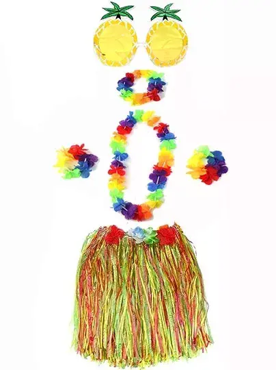 Yetişkin Ve Çocuk Uyumlu Luau Aloha Hawaii Rengarenk 40 Cm Etek Ananas Şekilli Gözlük Hawaii Kolye Renkli Taç Ve 2 Adet Bileklik Seti