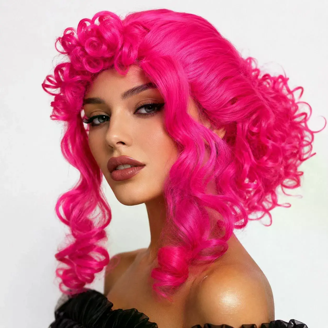 Neon Pembe Bukleli Kıvırcık Cosplay Peruğu - İçi Astarlı