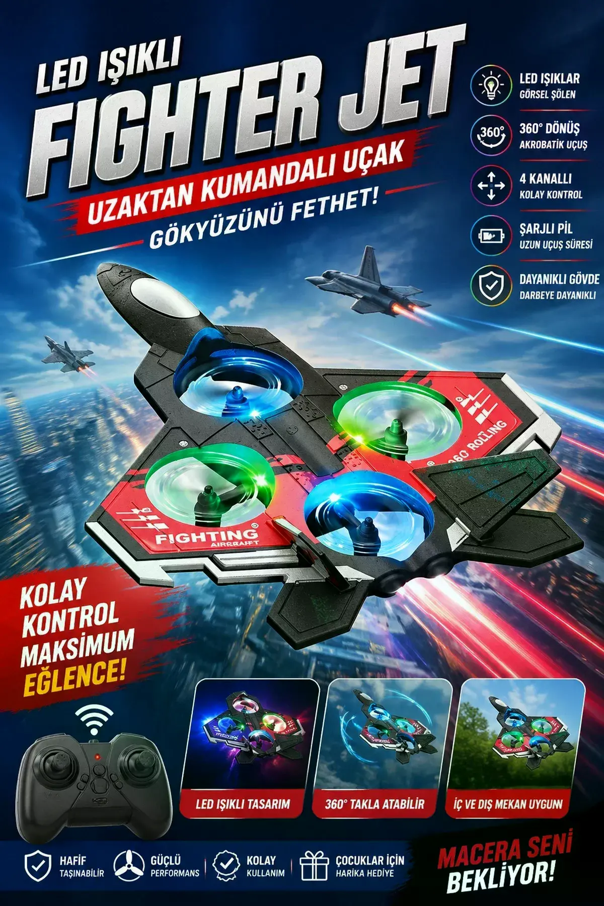 Led Işıklı Oyuncak Drone Fighter Jet Tasarımlı Uzaktan Kumandalı Uçak