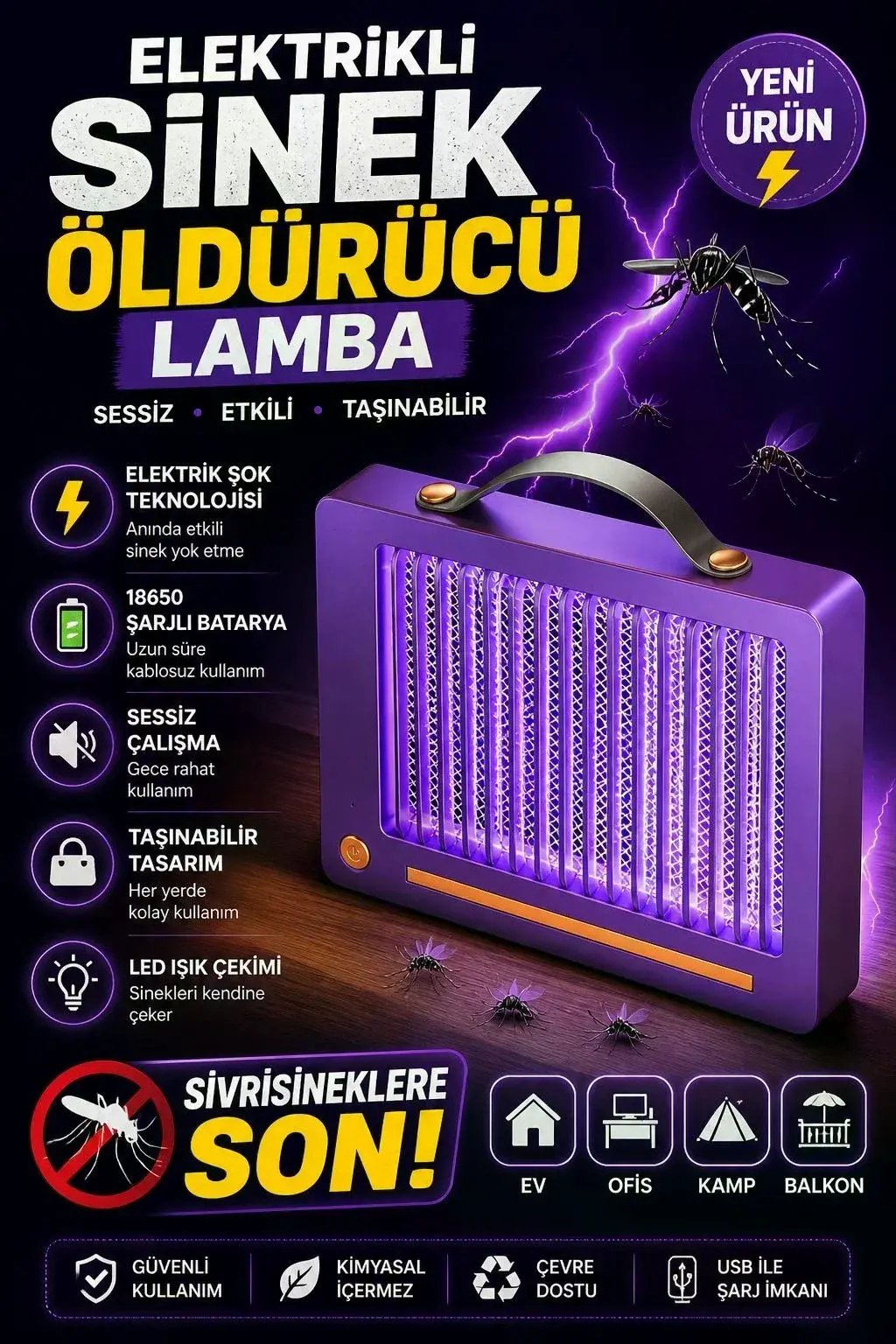 Elektrikli Sinek Öldürücü Lamba | Şarjlı, Sessiz, LED Işıklı Etkili Koruma