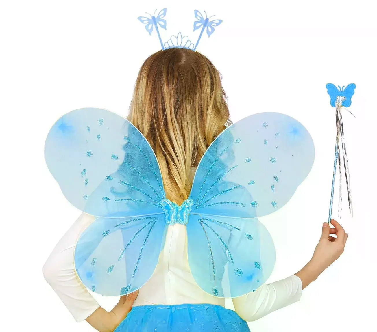 Mavi Kelebek Erkek-kız Seti – 50 Cm Kelebek Kanadı, Taç Ve Asa