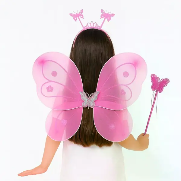 Pembe Kelebek Kız Seti – 50 Cm Kelebek Kanadı, Taç Ve Asa