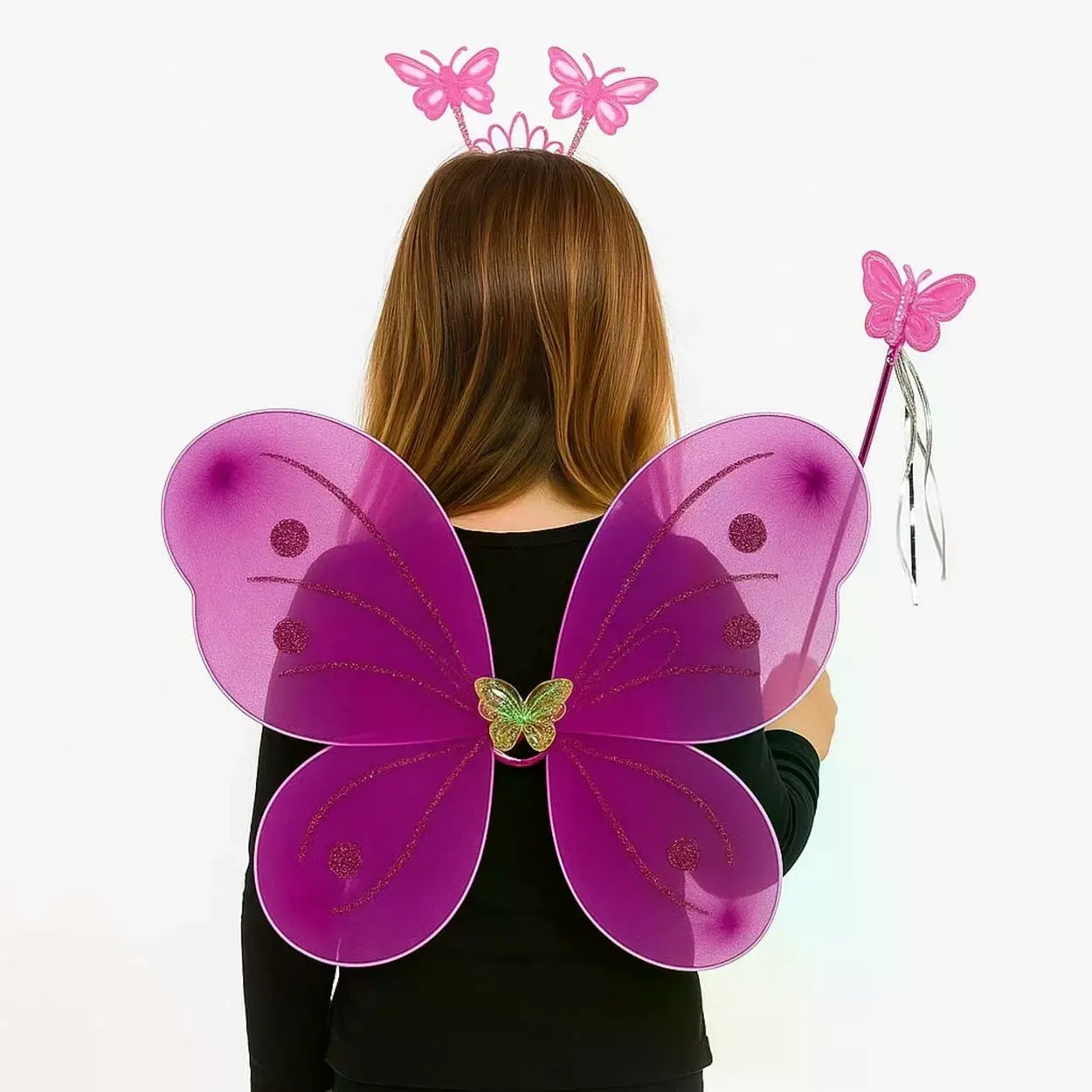 Fuşya Kelebek Kız Seti – 50 Cm Kelebek Kanadı, Taç Ve Asa