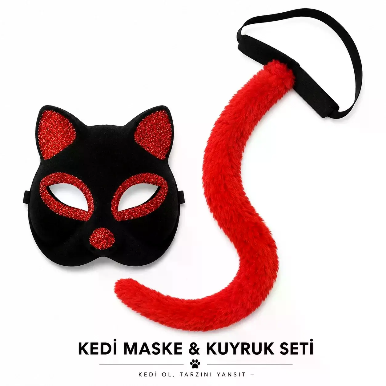 Kırmızı Kedi Maske Ve Kuyruk Seti Parti Kostüm Aksesuarı