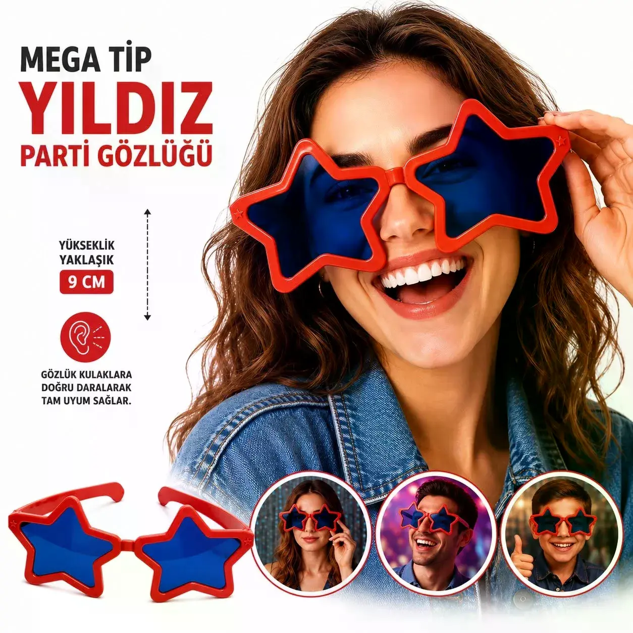 Mega Tip Yıldız Parti Gözlüğü Kırmızı Renk