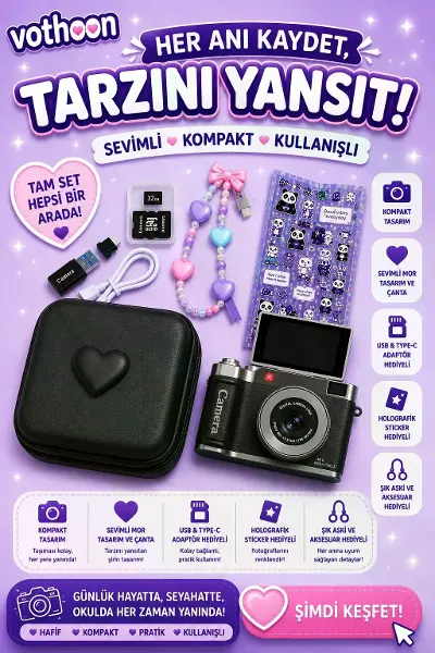 4k Çantalı Dijital Retro Video Kamera 48mp 16x Zoom Işıklı (32gb) Kart Dijital Fotoğraf Makinesi Siyah