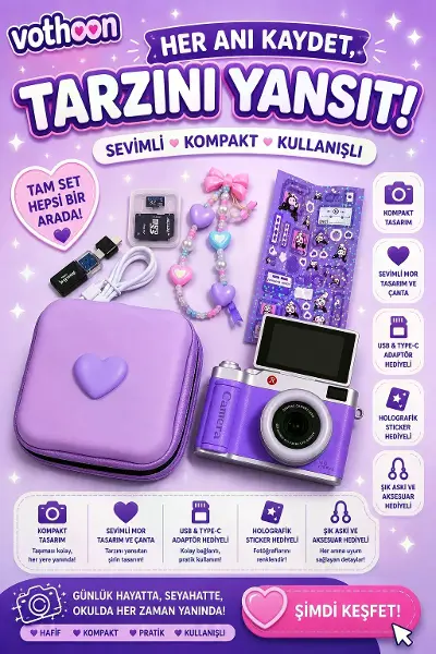 4k Çantalı Dijital Retro Video Kamera 48mp 16x Zoom Işıklı (32gb) Kart Dijital Fotoğraf Makinesi Mor