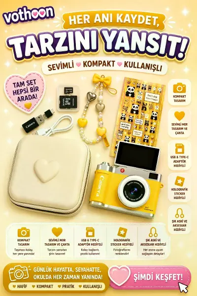 4k Çantalı Dijital Retro Video Kamera 48mp 16x Zoom Işıklı (32gb) Kart Dijital Fotoğraf Makinesi Sarı