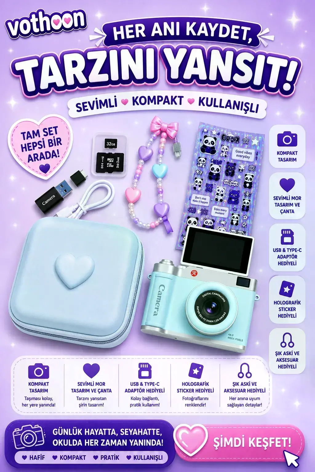 4k Çantalı Dijital Retro Video Kamera 48mp 16x Zoom Işıklı (32gb) Kart Dijital Fotoğraf Makinesi Mavi
